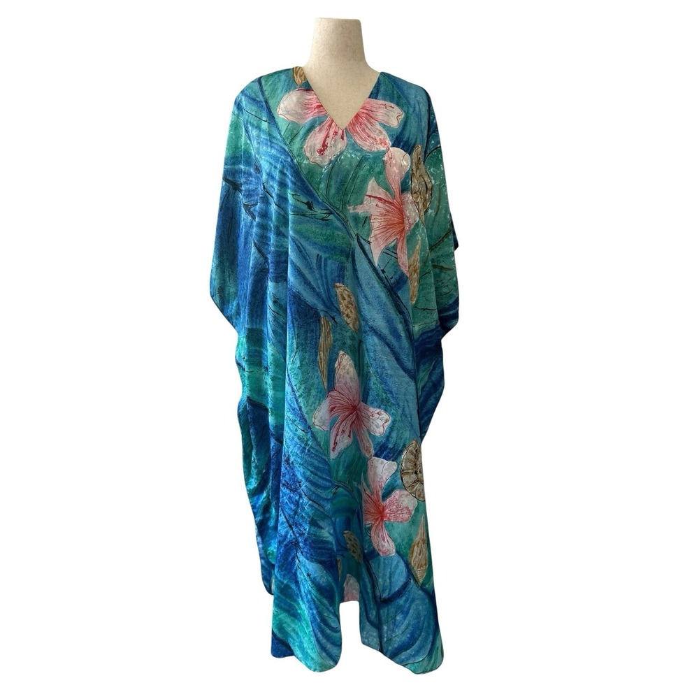 Vtg Winlar Satin Caftan Tropical Shell Floral Muu Muu Maxi Dress Mrs Roper 1X